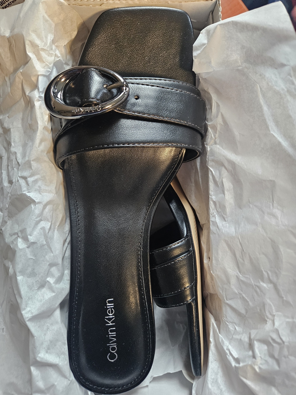 Calvin Klein Black Leather Slide with Polished Buckle